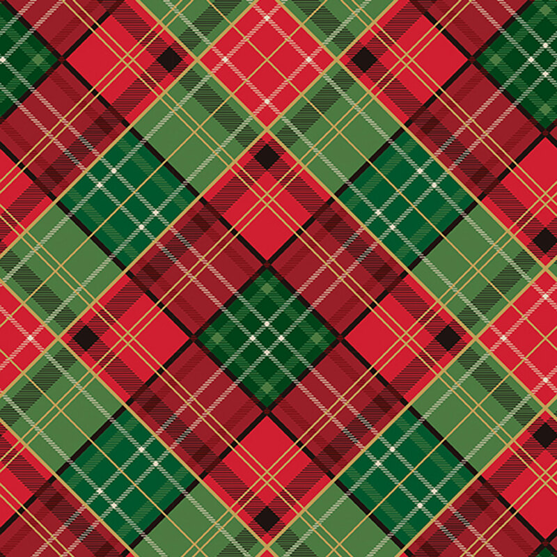 Green and red plaid with black and gold metallic accents.