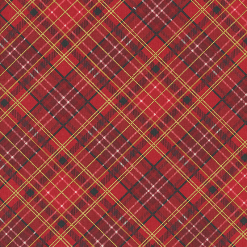 Red, black, and gold metallic plaid fabric.