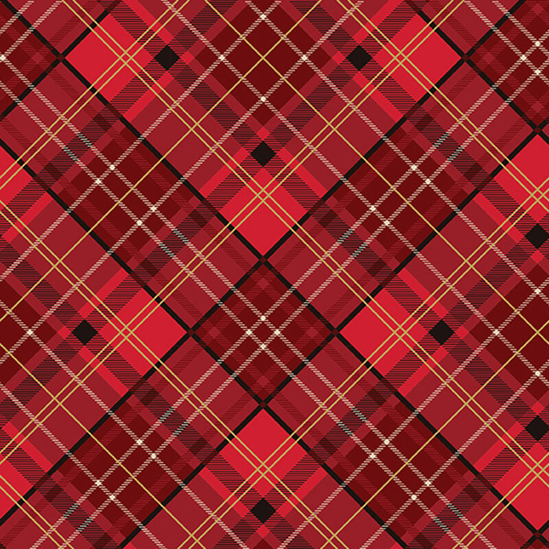 Red, black, and gold metallic plaid fabric.