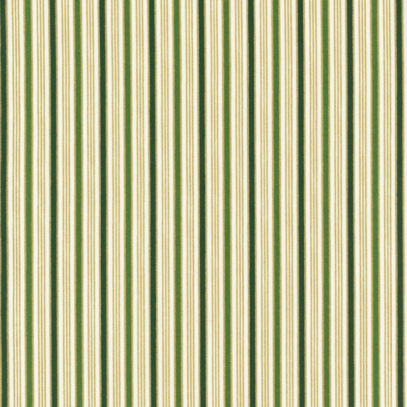 White fabric featuring holly green, pine green, and metallic gold stripes.