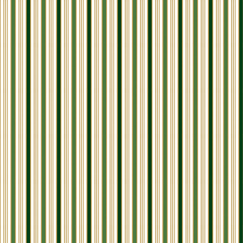 White fabric featuring holly green, pine green, and metallic gold stripes.
