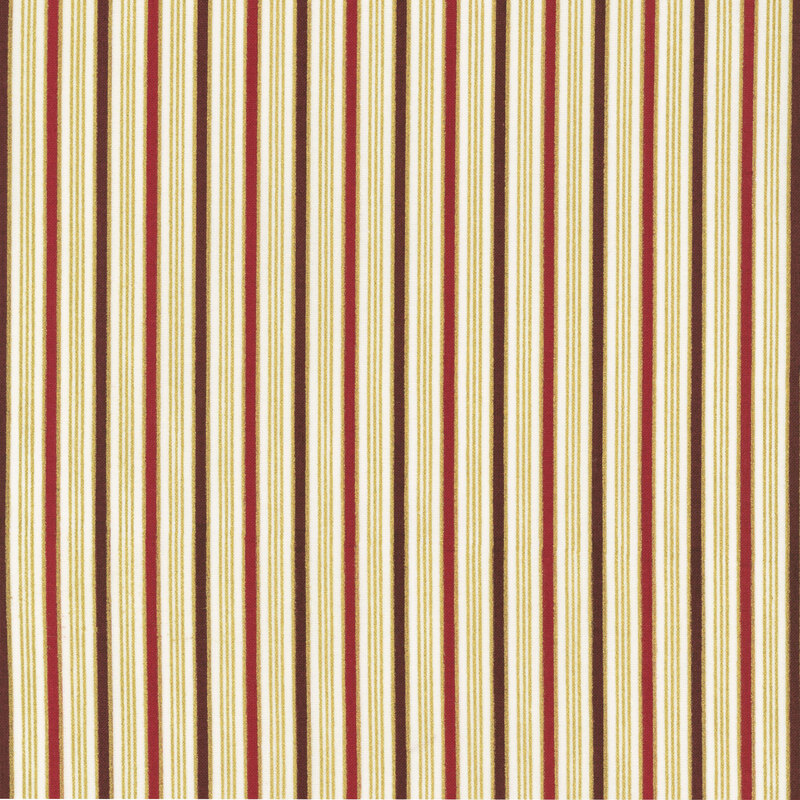 White fabric featuring bright red, maroon, and metallic gold stripes.