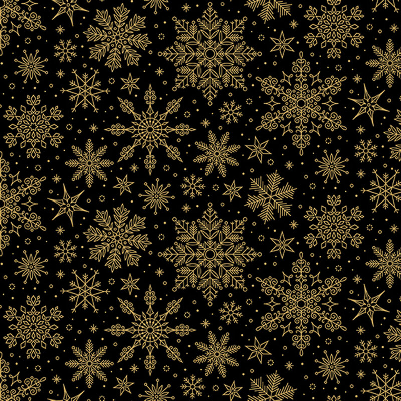 Black fabric tossed with ornamental metallic gold snowflakes.