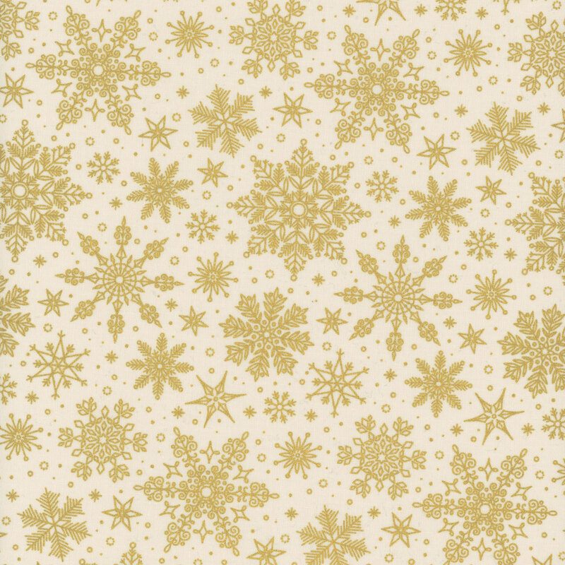 Cream fabric tossed with ornamental metallic gold snowflakes.