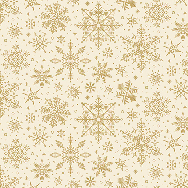 Cream fabric tossed with ornamental metallic gold snowflakes.
