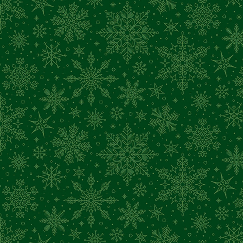 Pine green fabric tossed with ornamental snowflakes.