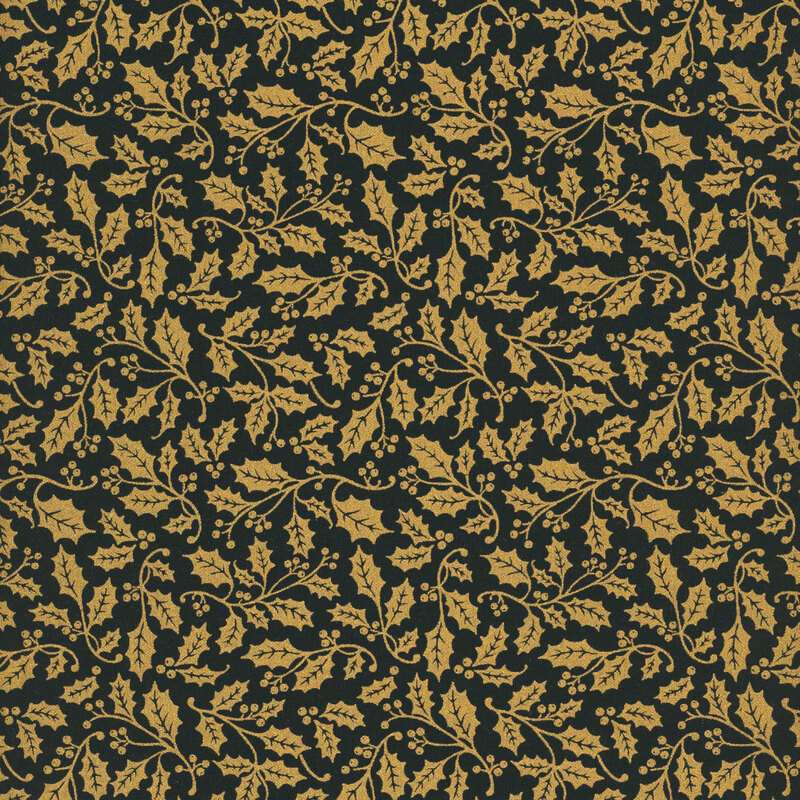 Black fabric featuring vines of metallic gold holly and berries.