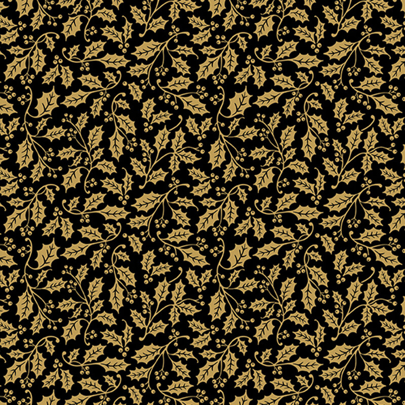 Black fabric featuring vines of metallic gold holly and berries.