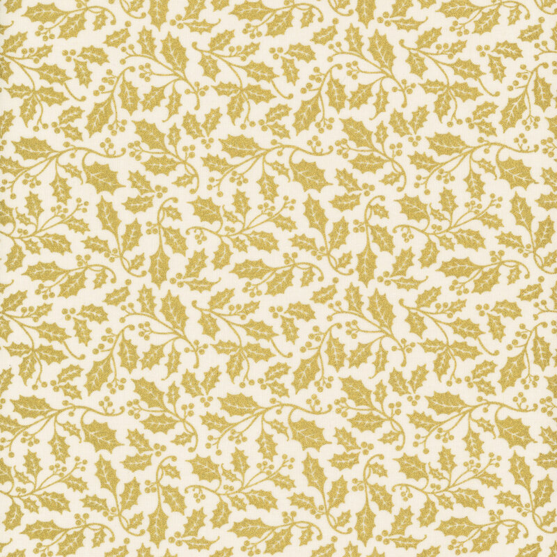 Cream fabric featuring vines of metallic gold holly and berries.
