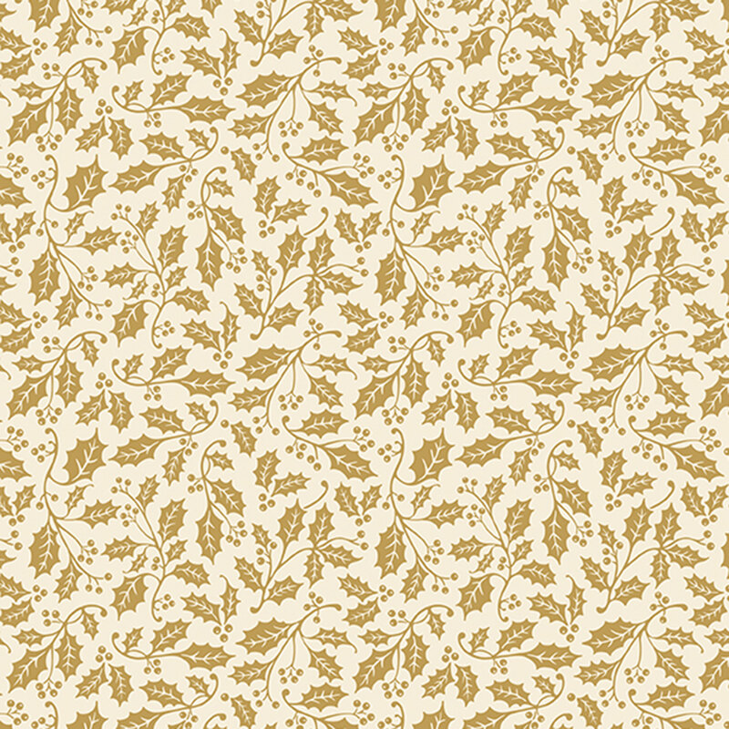 Cream fabric featuring vines of metallic gold holly and berries.