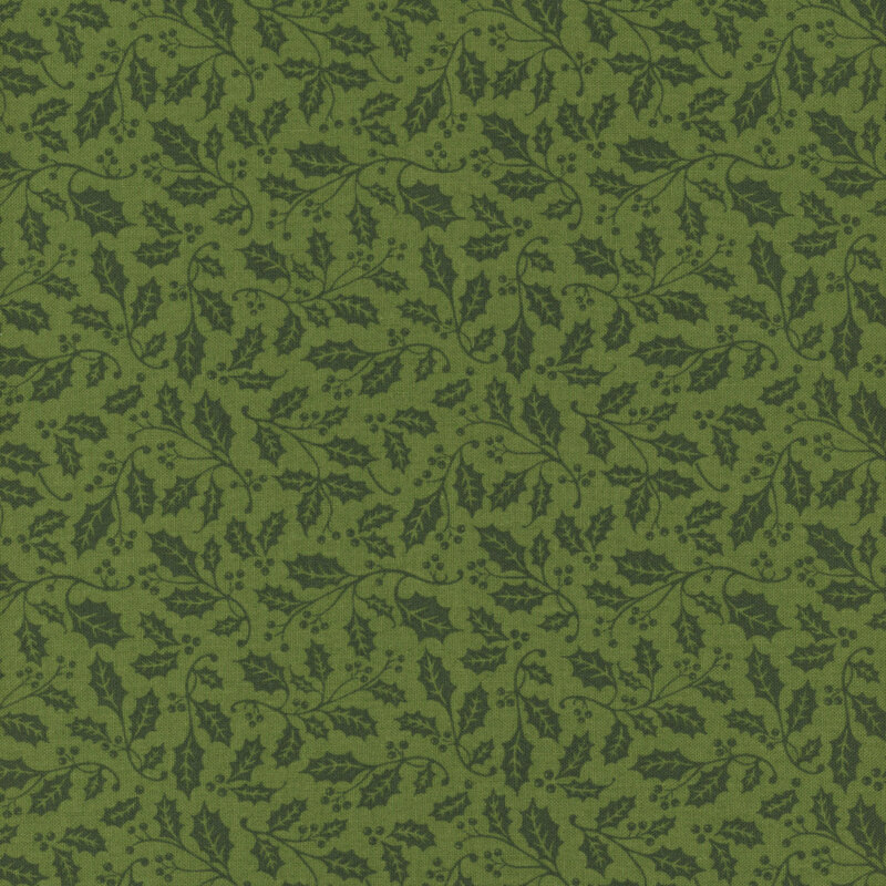 Pine green fabric featuring vines of holly and berries.
