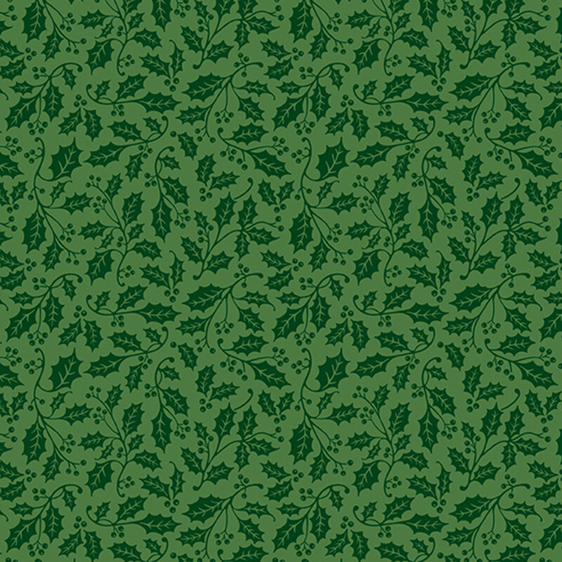 Pine green fabric featuring vines of holly and berries.