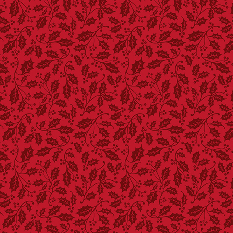 Ruby red fabric featuring vines of holly and berries.