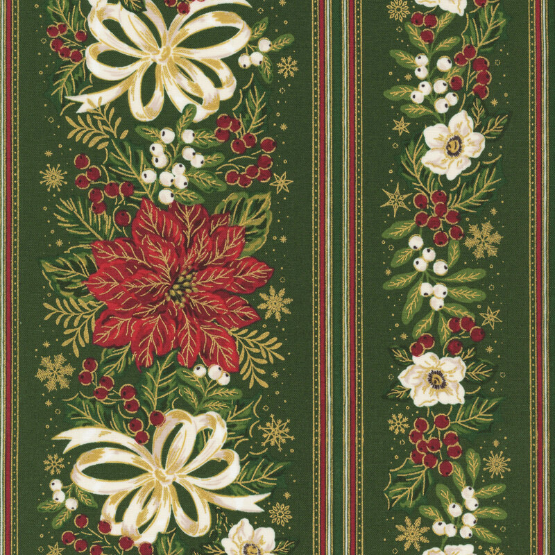 Border stripe fabric featuring garlands of poinsettias, white ribbons, mistletoe, and holly on evergreen fabric.