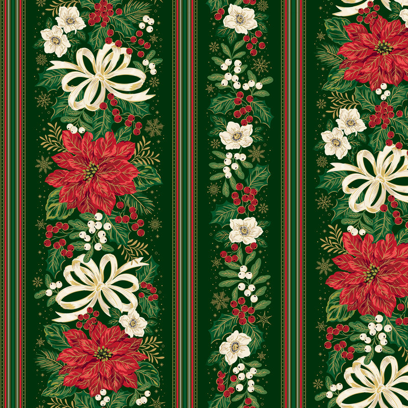 Border stripe fabric featuring garlands of poinsettias, white ribbons, mistletoe, and holly on evergreen fabric.