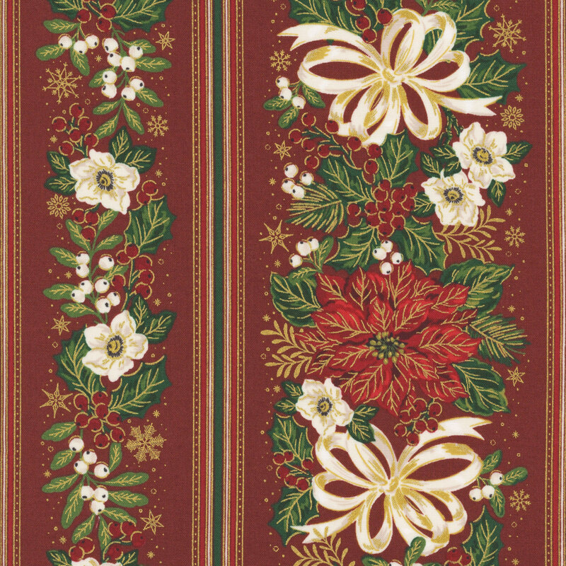 Border stripe fabric featuring garlands of poinsettias, white ribbons, mistletoe, and holly on ruby red fabric.