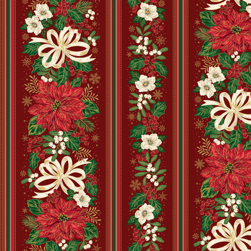 Border stripe fabric featuring garlands of poinsettias, white ribbons, mistletoe, and holly on ruby red fabric.
