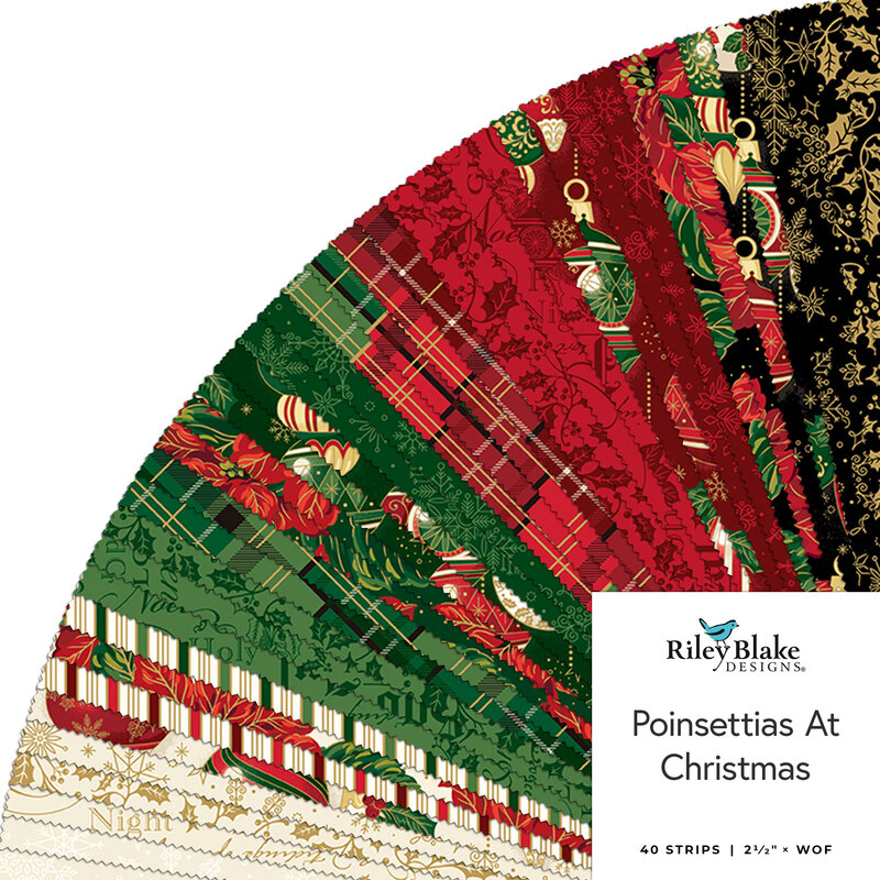 A collage of fabric strips in cream, green, red, and black with a Christmas theme, labeled Poinsettias at Christmas from Riley Blake Designs.