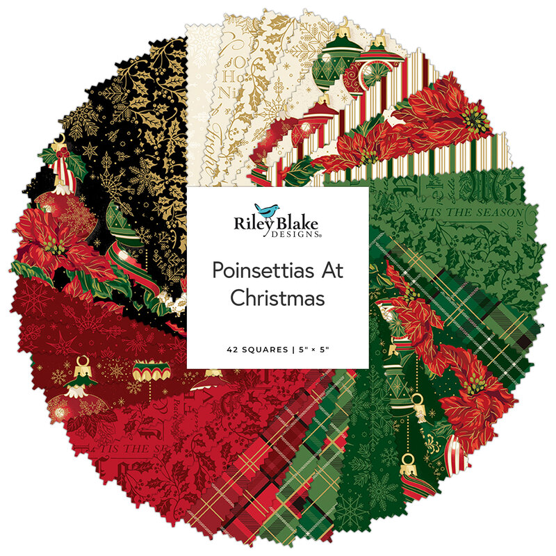 A collage of fabric swatches in cream, green, red, and black in a circular pattern, labeled Poinsettias at Christmas from Riley Blake Designs.