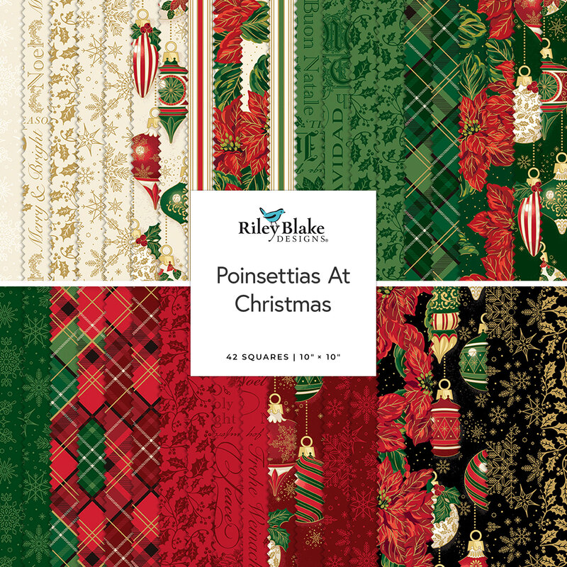 Two rows of patterned fabric swatches in cream, green, red, and black with a Christmas theme, labeled Poinsettias at Christmas from Riley Blake Designs.