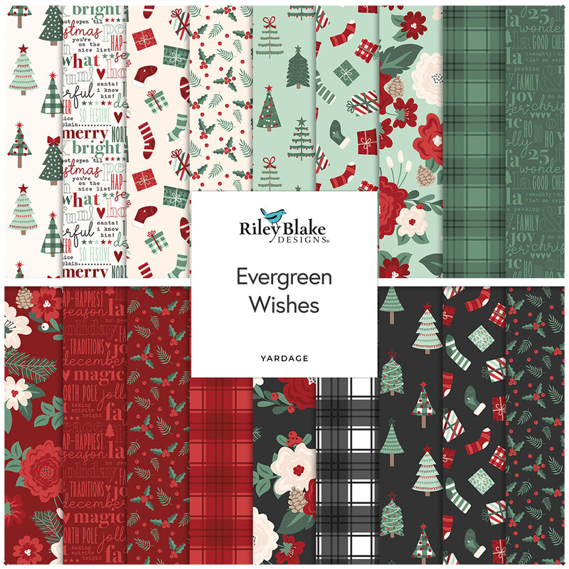 A fabric collage of red, black, green, and mint christmas designs from the collection Evergreen Wishes by Traci Reed for Riley Blake Designs. 