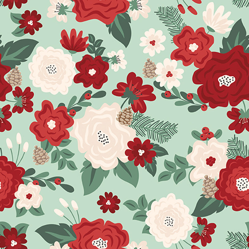 A mint fabric with red and white flowers, pinecones, pine branches, and leaves. 