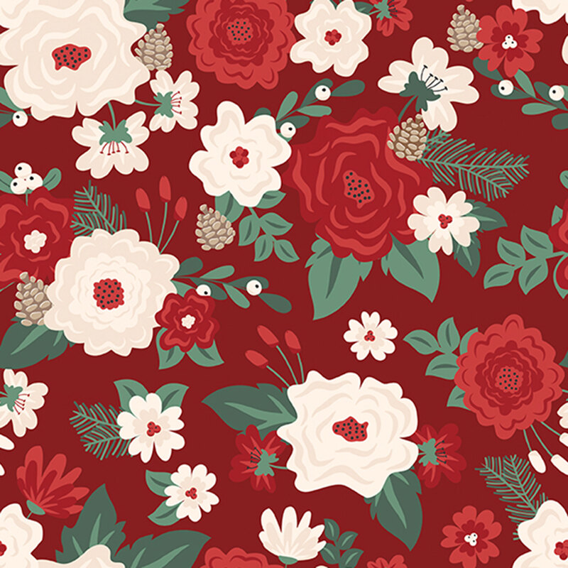 A red fabric with red and white flowers, pinecones, pine branches, and leaves. 