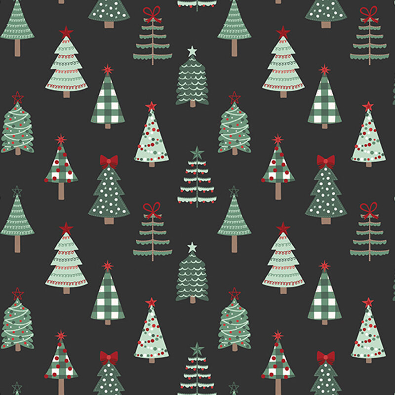 A black fabric with various stylized christmas trees. 