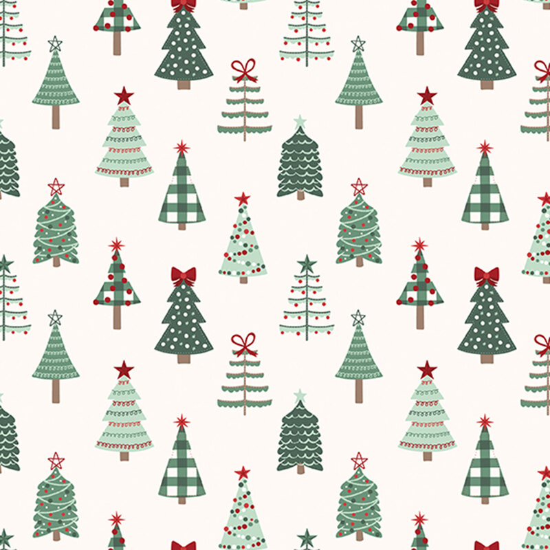 A cream fabric with various stylized christmas trees. 