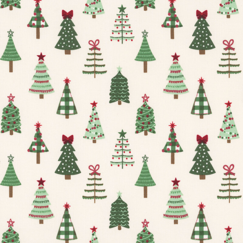 A cream fabric with various stylized christmas trees. 
