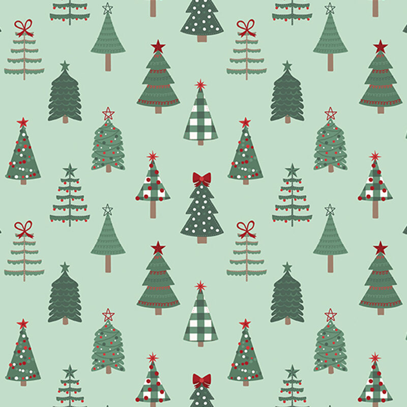 A mint fabric with various stylized christmas trees. 