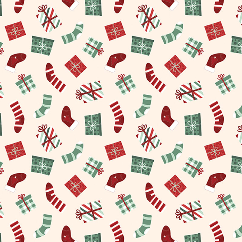 A cream fabric with tossed stockings and christmas presents. 