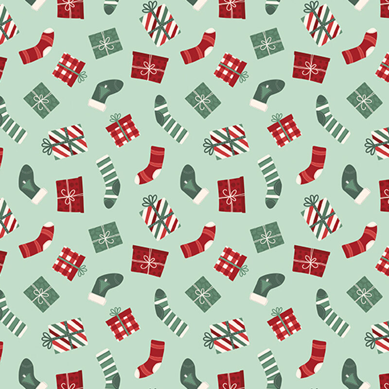 A mint fabric with tossed stockings and christmas presents. 