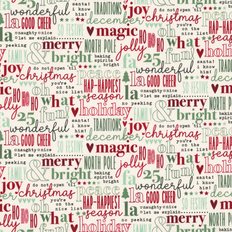 A white fabric with christmas sayings. 