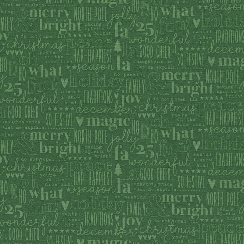 A tonal green fabric with christmas sayings. 