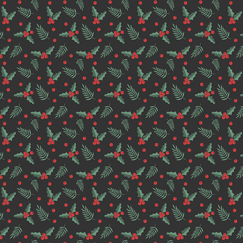 A black fabric with holly berries and leaves. 