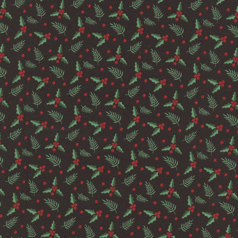 A black fabric with holly berries and leaves. 