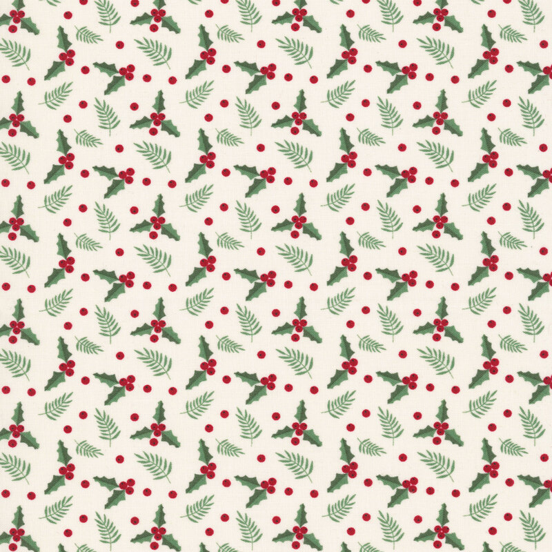 A white fabric with holly berries and leaves. 