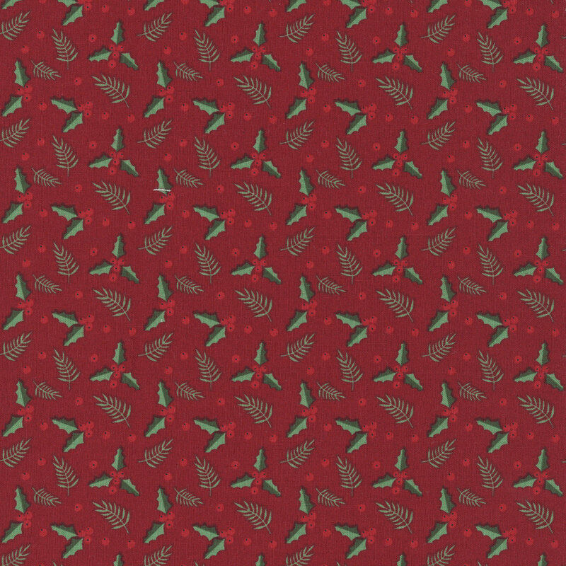 A red fabric with holly berries and leaves. 