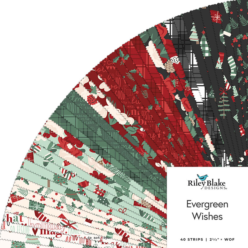A fanned fabric collage of red, black, green, and mint christmas designs from the collection Evergreen Wishes by Traci Reed for Riley Blake Designs. 