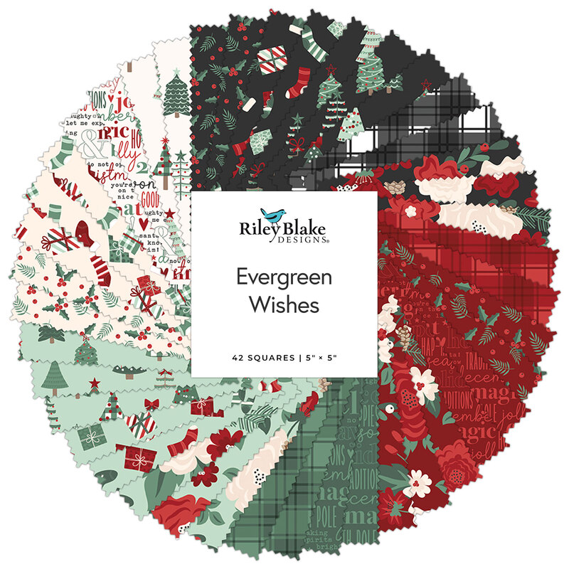 A circular fabric collage of red, black, green, and mint christmas designs from the collection Evergreen Wishes by Traci Reed for Riley Blake Designs. 