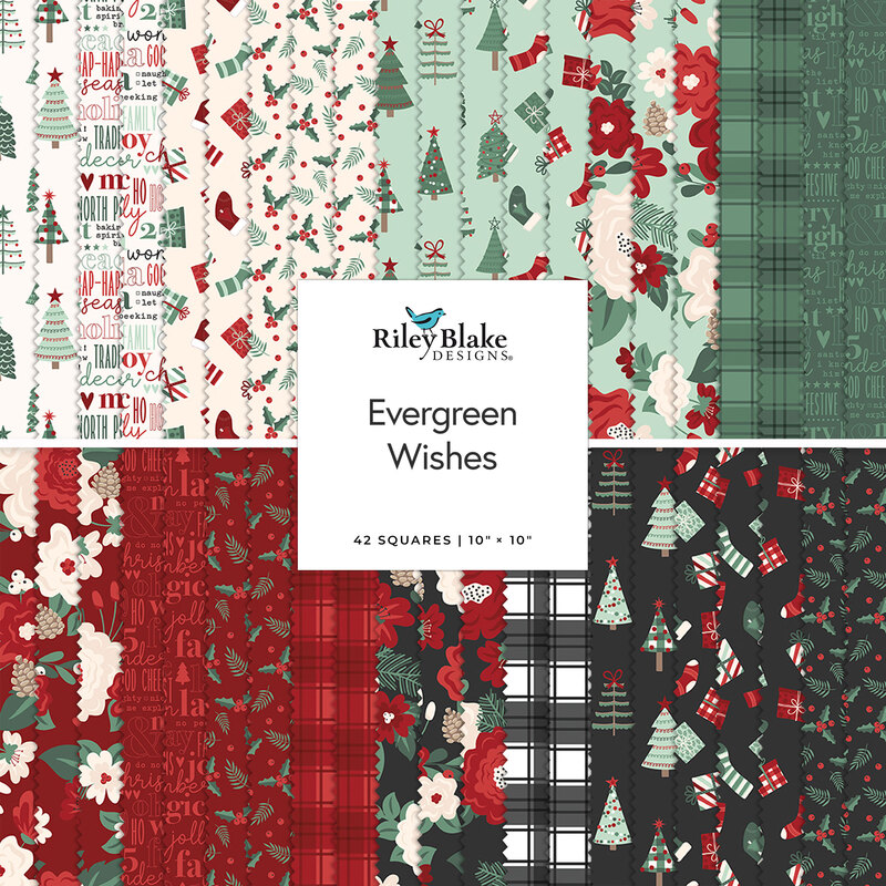 A fabric collage of red, black, green, and mint christmas designs from the collection Evergreen Wishes by Traci Reed for Riley Blake Designs. 