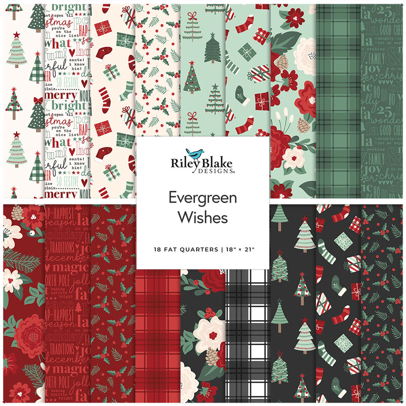 A fat quarter fabric collage of red, black, green, and mint christmas designs from the collection Evergreen Wishes by Traci Reed for Riley Blake Designs. 
