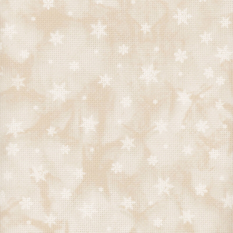 A sample image of the Fabric Flair Tiny Neutral Snowflakes 14ct Aida Cloth with a mottled tan background and white snowflake print.