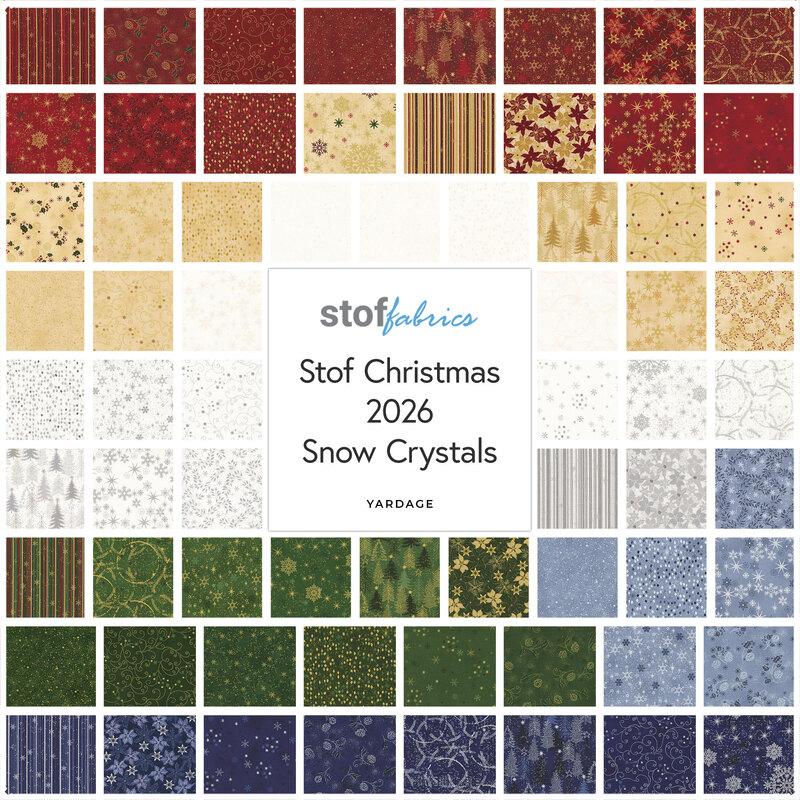 A grid collage of metallic Christmas fabrics included in the Stof Christmas 2026 - Snowy Crystals collection.