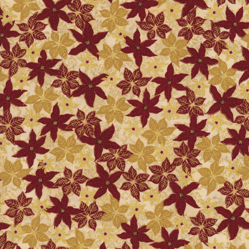 Mottled tan fabric with red and gold poinsettia flowers with gold metallic accents.