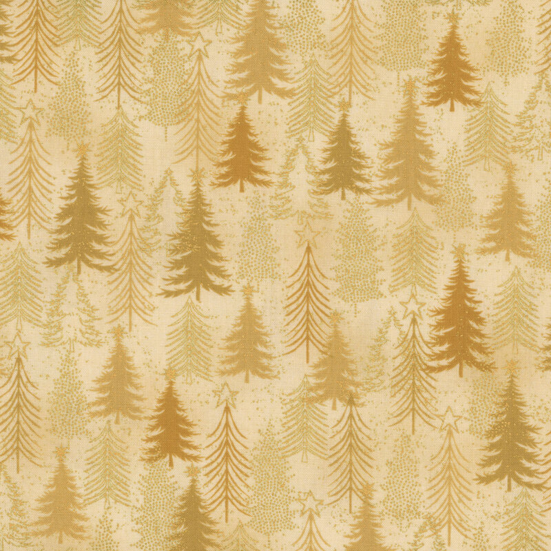 Mottled tan fabric with a forest of trees with gold metallic accents.