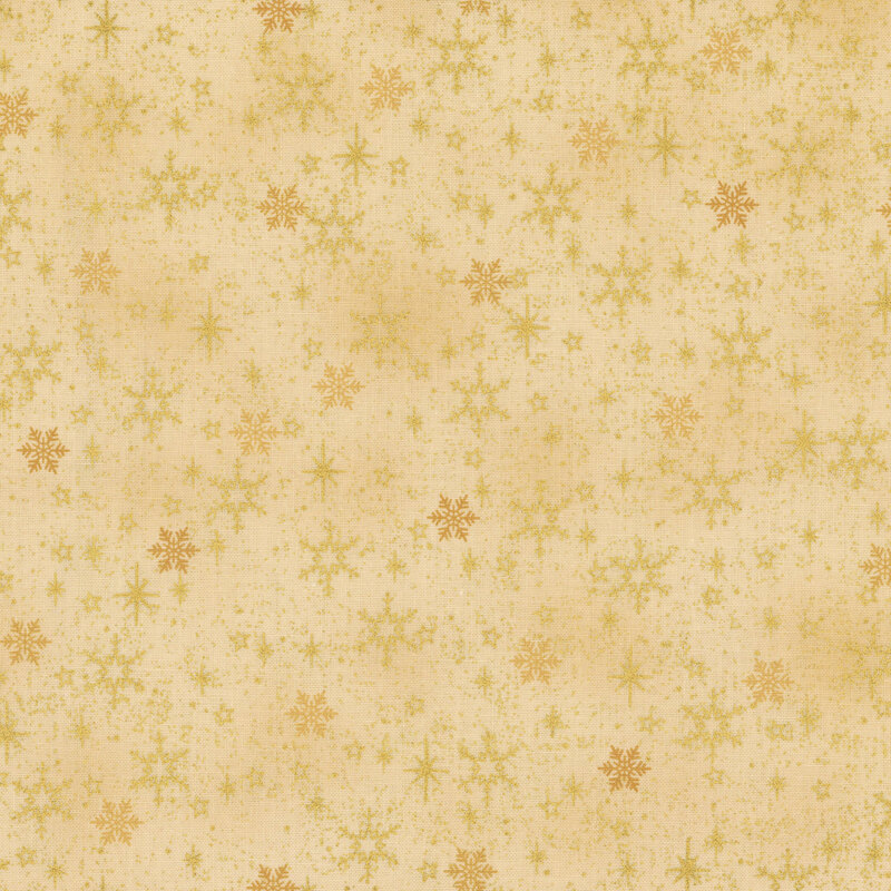 Mottled tan fabric with scattered snowflakes with gold metallic accents.