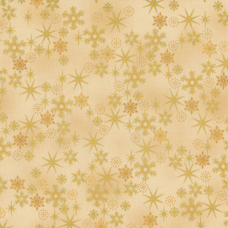 Mottled tan fabric with scattered snowflakes and stars with gold metallic accents.