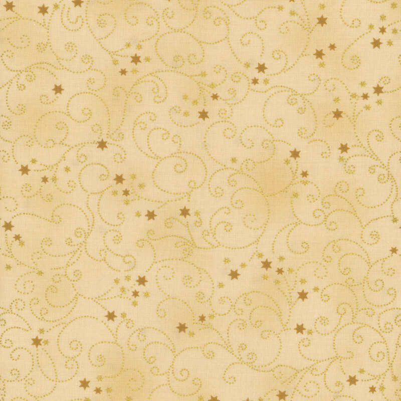 Mottled tan fabric with small scattered stars and swirling filigree with gold metallic accents.